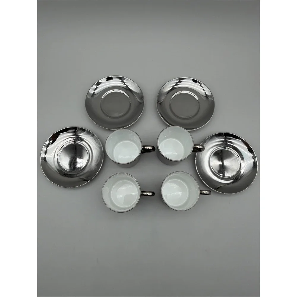 Fitz & Floyd Silver Demitasse Espresso Cups & Saucers Set 4 FF Stamp